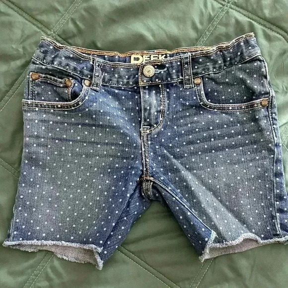 Peek Dungarees Kids Girls Shorts Size 10 Medium Wash Polka Dot Adjustable Waist - Picture 1 of 7